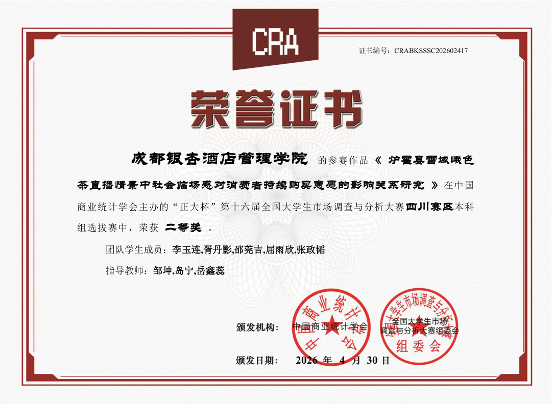 图6《炉霍县雪域俄色茶直播情景中社会临场感对消费者持续购买意愿的影响关系研究》四川省二等奖获奖证书 图6《炉霍县雪域俄色茶直播情景中社会临场感对消费者持续购买意愿的影响关系研究》四川省二等奖获奖证书